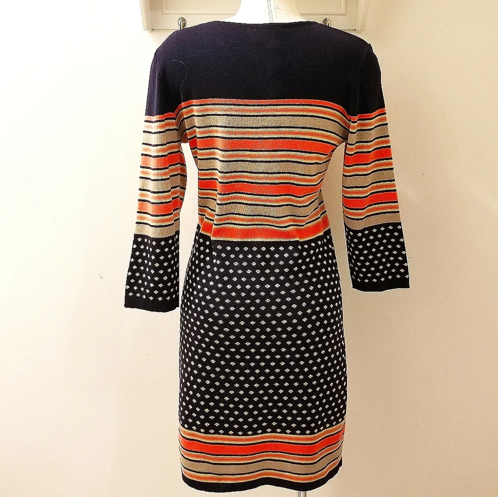 THML Navy Dot Coral & Tan Stripe ¾ Sleeve Crewneck Dress Sz M